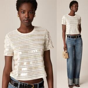 J. Crew Cream Short Sleeve Top with Iridescent Sequin Detail Sz Small Crew Neck